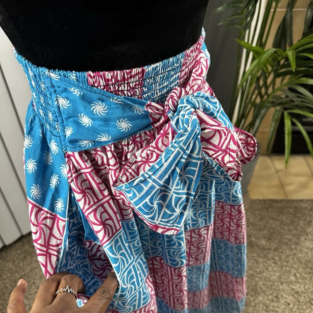 Jackpot Women's Free Size African Print Maxi Skirt Blue Pink White Front Tie Bow - Picture 6 of 8